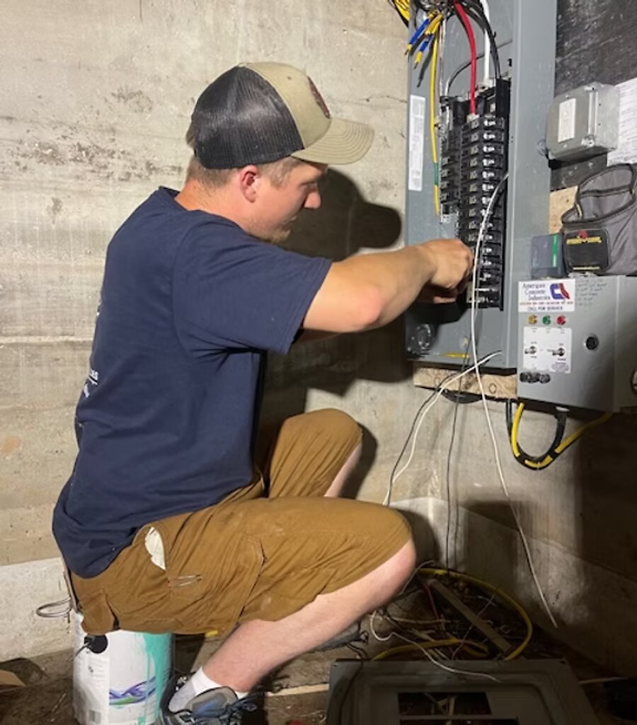 Licensed electrician from JP’s Electrical Services wiring an electrical panel in Washington, Maine